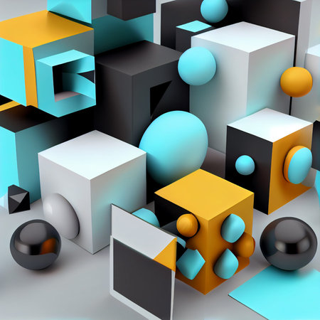 3d render, abstract background with geometric shapes, cubes and spheres