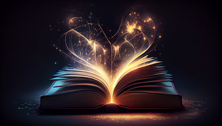 Open book with glowing magic heart design on dark background. Vector illustration.