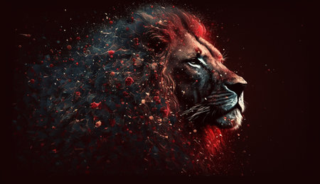 Lion head with red blood splatter on black background, digital paintingの写真素材