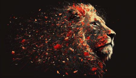 Lion head with splashes of fire on a black background.の写真素材