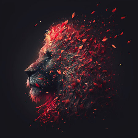 Lion head with fire splashes on a dark background. Vector illustration.の写真素材