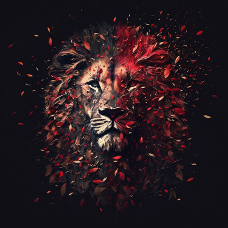 Lion head with red leaves on a black background. Digital painting.の写真素材