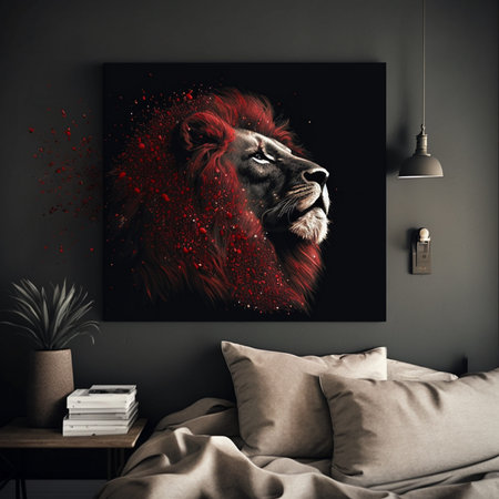 Lion head with red splashes on the wall in bedroom interiorの写真素材