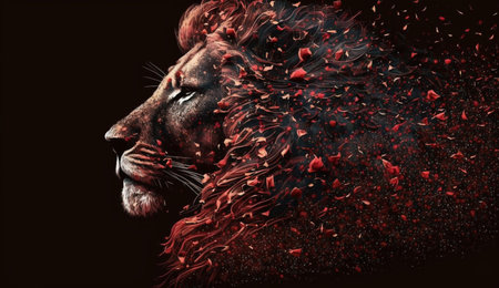 Lion head with blood splashes on black background, collageの写真素材