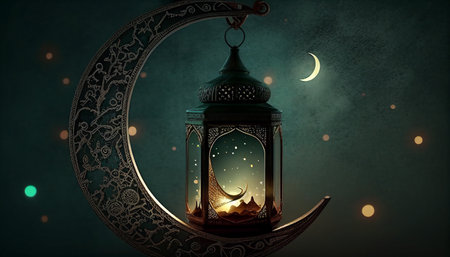 Ramadan Kareem greeting card. Arabic lantern on crescent moonの写真素材