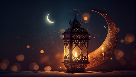 Ramadan Kareem greeting card with lanterns and crescent moonの写真素材