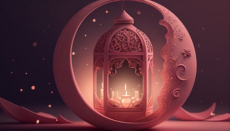 Ramadan Kareem greeting card. Islamic lantern with burning candle and crescent moon. 3D renderingの写真素材