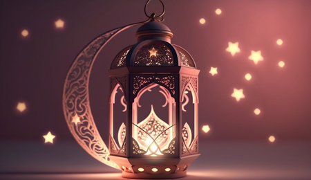 Ramadan Kareem background with lanterns and stars. 3D rendering