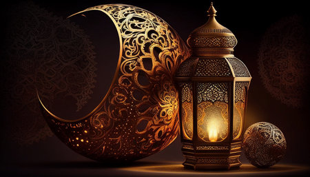 Ramadan Kareem greeting card. Islamic lanterns and crescent moon