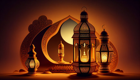 Ramadan Kareem background with Arabic lanterns. 3D rendering