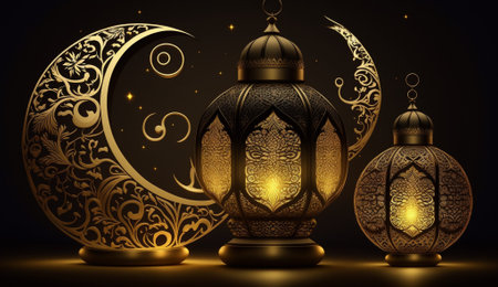 Ramadan Kareem Greeting Card. Ramadan Kareem Background with Arabic Lanterns and Crescent Moon.