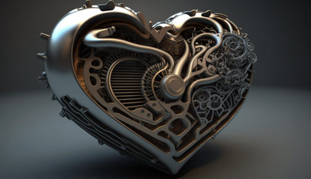3d illustration of metal heart with gears inside, over dark backgroundの写真素材