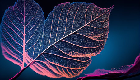 3D illustration of a blue and pink leaf on a dark backgroundの写真素材