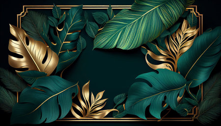 Tropical leaves background. Exotic botanical design with golden tropical leaves on dark background. Vector illustrationの写真素材