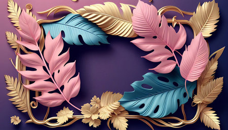 Tropical background with exotic leaves and golden frame. Vector illustration.