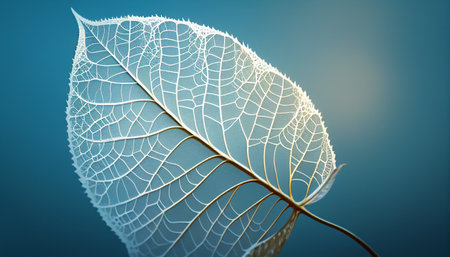 3d rendering of a white leaf on a blue background with reflectionの写真素材