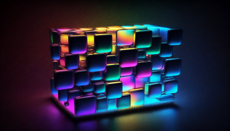 3d render of cube with colorful light on dark background. 3d renderingの写真素材