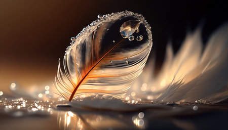 Beautiful feather with water drops on it. Close-up.の写真素材