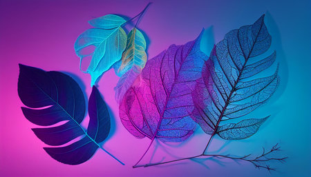 Illustration of a set of neon leaves in blue and pink tones
