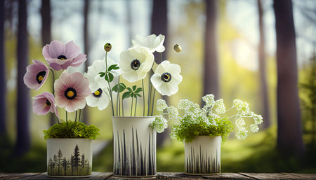 Beautiful spring flowers in vase on wooden table in the forestの写真素材