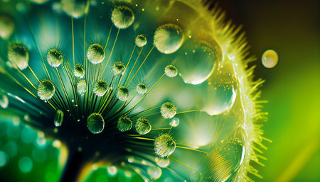 Macro closeup of water drops on dandelion flower.の写真素材