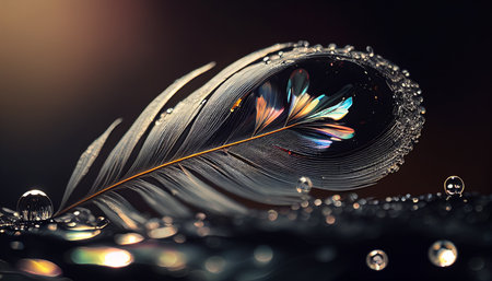 Beautiful feather with dew drops on dark background. Close upの写真素材