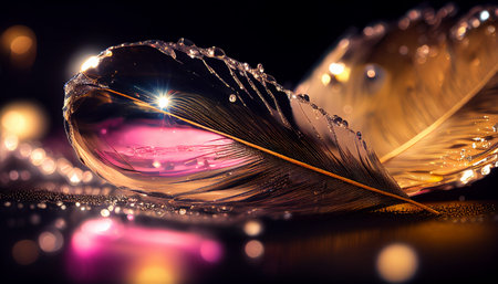 Feather and water drops on a black background. 3d renderingの写真素材