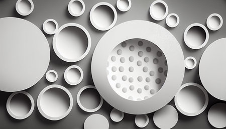 3d render, abstract background with circles and holes in black and white colorsの写真素材