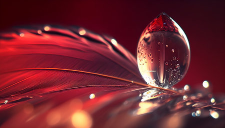 Water drop and feather on red background. Macro shot with shallow DOFの写真素材