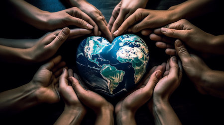 Hands holding the earth in the shape of a heart against black background.World's earth day.の写真素材