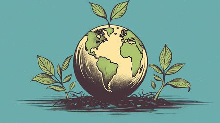 Earth with sprouts and leaves. Vector illustration in retro style.World's earth day.の写真素材