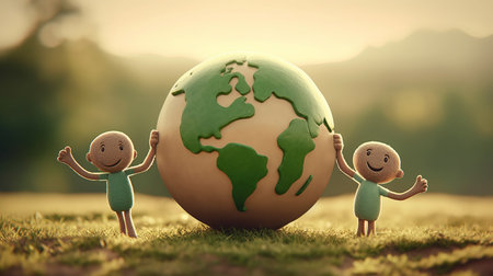 Conceptual image of a family standing on the grass with a globe in the background World's earth day.の写真素材