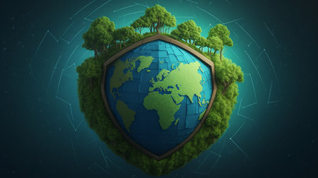 Green planet earth with trees and shield on blue background 3D rendering World's earth day.の写真素材