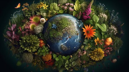 Planet earth surrounded by flowers and plants. 3D illustration.World's earth day.の写真素材