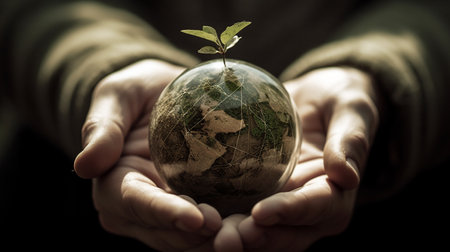 Hands holding a globe with a green plant growing inside. Ecology concept.World's earth day.の写真素材