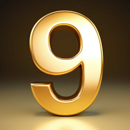 3d matte gold number 9 isolated on black background, 3d renderの写真素材
