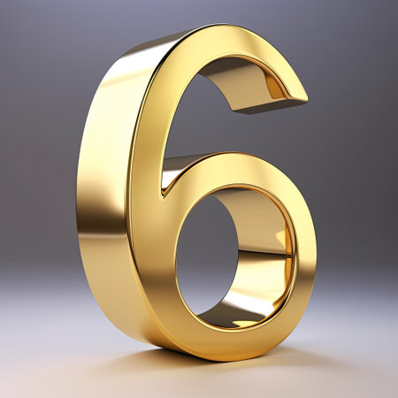 3d matte gold number 6 on gray background. Computer-generated image.