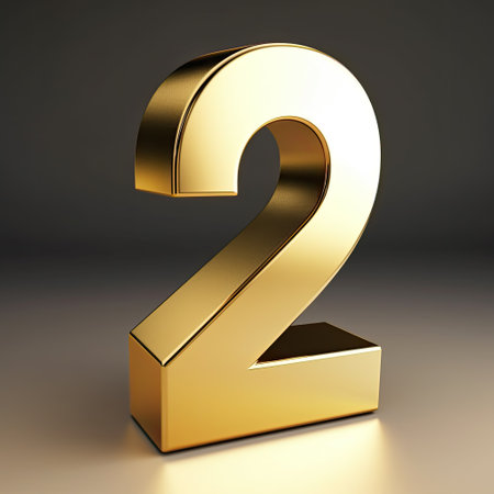 3d glossy gold number 2 on dark background. Computer-generated image.の写真素材