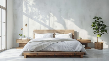 Luxury bedroom with soft and comfy neat bed with natural lighting, expensive and luxury art and paint work.の素材