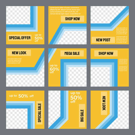 Set of social media post puzzle templates with yellow color and triple stripe. Suitable for social media, promotion, advertising, etc.のイラスト素材
