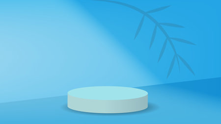 Podium scene blue background. podium with light from window and plant branches for product promotion, business, cosmetics. Vector 3D minimalismのイラスト素材