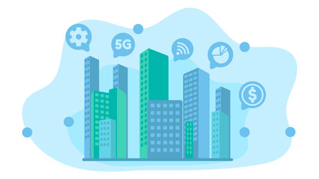 Skyscrapers as offices for employees to work. Each building has good work and is organized. Vector illustration in flat design styleのイラスト素材