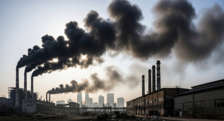 Industrial landscape with smoking chimneys on the background of the cityの素材