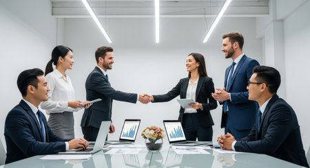 business people shaking hands, finishing up a meeting, in the officeの素材