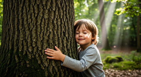 Cute little boy hugging a big tree in the forest on a sunny dayの素材