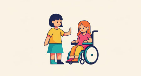 Disabled girl in wheelchair with her friend. Flat vector illustration.の素材