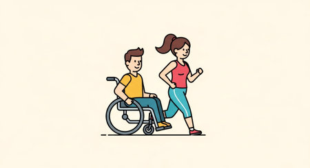 Illustration of a man in a wheelchair running with his girlfriend.の素材