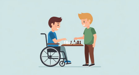 Disabled boy playing chess with his friend. Vector illustration in cartoon style.の素材
