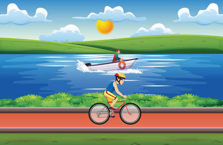 River Boat and Bike Racing. Sandal, Human, Sea, Water.のイラスト素材