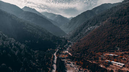 Aerial drone view of the valley in the Himalayas.の写真素材